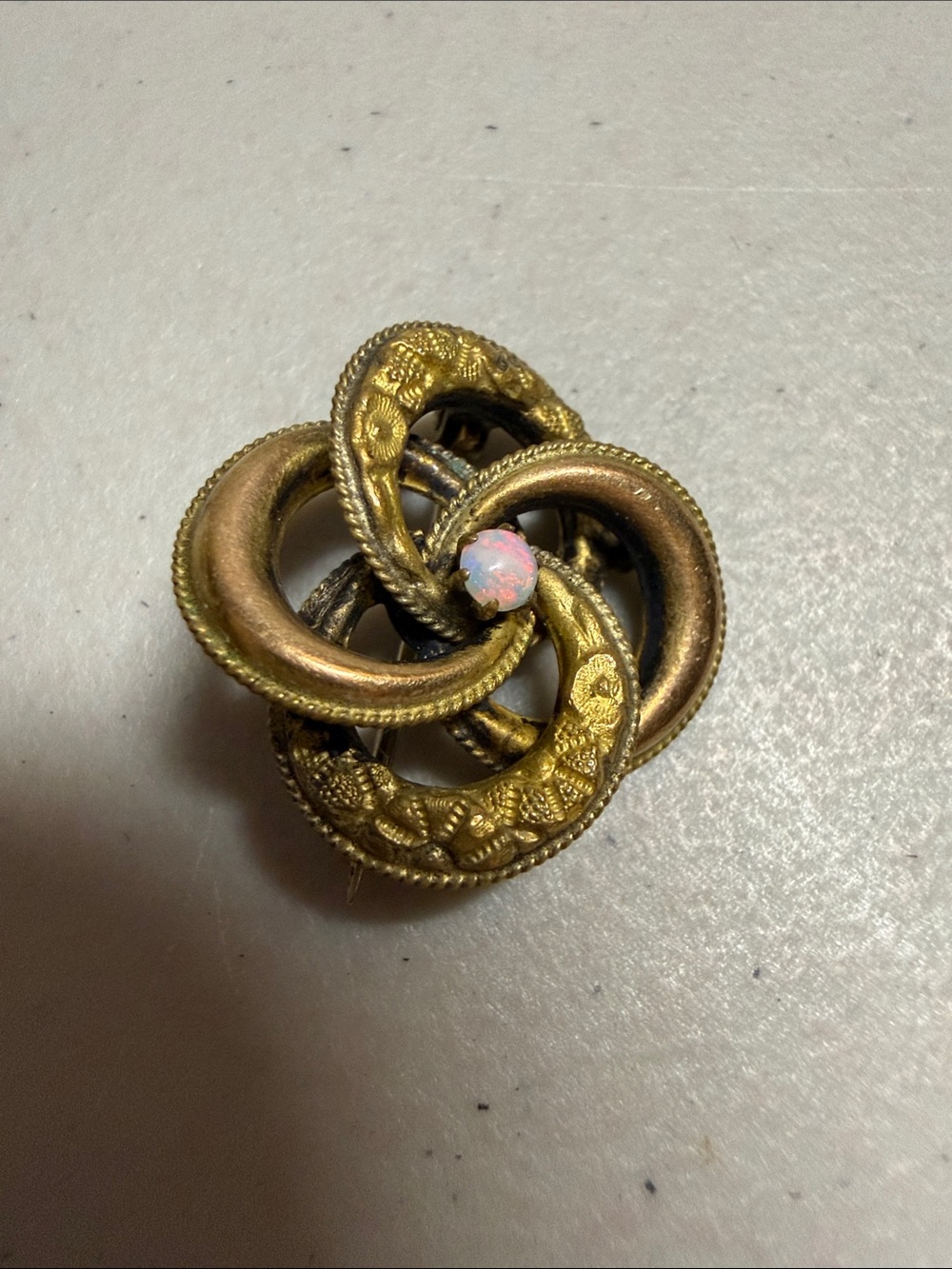 Gold-Tone Antique Love Knot Brooch with Opal Accent